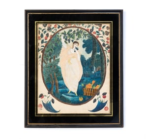 AMERICAN SCHOOL FOLK ART WATERCOLOR ON PAPER OF A LADY IN A GARDEN.