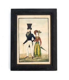 AMERICAN SCHOOL FOLK ART WATERCOLOR ON PAPER OF A YOUNG COUPLE.