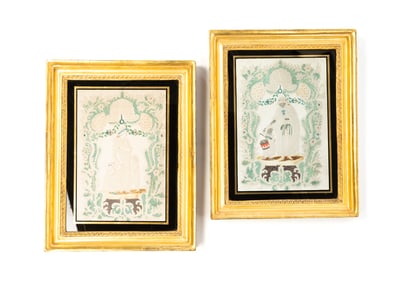 PAIR OF ENGLISH SCHOOL FOLK ART PIN-PRICK AND WATERCOLOR PICTURES OF MOTHERS AND CHILDREN.