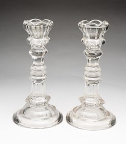 PAIR OF PITTSBURGH, PENNSYLVANIA MOLDED GLASS THISTLE CANDLESTICKS.