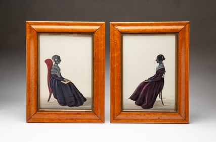 ATTRIBUTED TO GEORGE ANGELO CROWHURST (ENGLISH, DIED 1844) PAIR OF PAINTED SILHOUETTES OF LADIES.