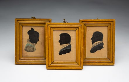 THREE DIMINUTIVE AMERICAN SCHOOL HOLLOW-CUT, WATERCOLOR, AND INK SILHOUETTES.