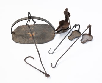 FOUR AMERICAN WROUGHT IRON LIGHTING DEVICES AND ACCESSORIES.