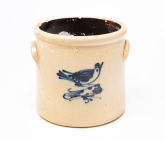 AMERICAN FOUR-GALLON STONEWARE CROCK WITH COBALT BIRD DECORATION.