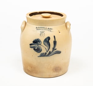 A. LOBDELL & CO. (OGDENSBURGH, NEW YORK) COBALT-DECORATED AND LIDDED THREE-GALLON STONEWARE JAR.