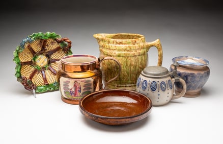 SIX GLAZED EARTHENWARE ITEMS, INCL. MORTON BARREL PITCHER.