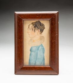 MINIATURE AMERICAN SCHOOL FOLK ART WATERCOLOR PORTRAIT OF A WOMAN IN BLUE.