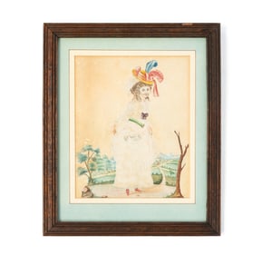 ENGLISH SCHOOL FOLK ART PIN-PRICK AND GOUACHE PORTRAIT OF A LADY.