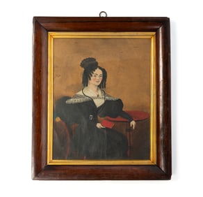 FOLK ART OIL ON PASTEBOARD PORTRAIT OF A LADY HOLDING A BOOK.
