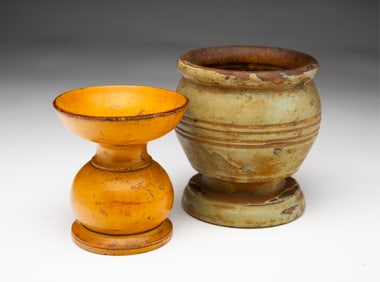 TWO AMERICAN PAINTED TREENWARE ITEMS.