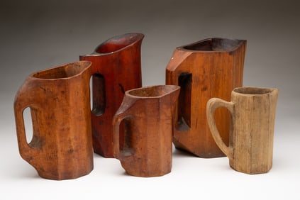 FIVE HAND-CARVED WOOD NOGGINS.