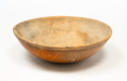 LARGE AMERICAN BITTERSWEET-PAINTED TURNED WOOD BOWL WITH MAKE-DO REPAIR.