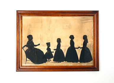 CUT PAPER, GOUACHE, AND WATERCOLOR CONVERSATION SILHOUETTE PORTRAIT OF A WOMAN WITH FOUR CHILDREN.
