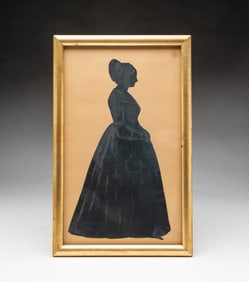 AMERICAN SCHOOL CUT PAPER AND GOUACHE FULL-LENGTH SILHOUETTE PORTRAIT OF A PREGNANT LADY.