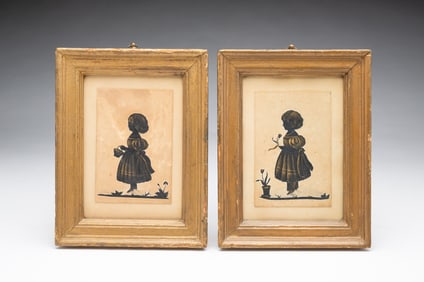 PAIR OF CUT PAPER AND GOUACHE PORTRAITS OF SISTERS.