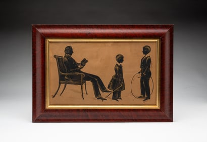 CUT PAPER AND WATERCOLOR SILHOUETTE PORTRAIT OF A GENTLEMAN AND TWO CHILDREN.