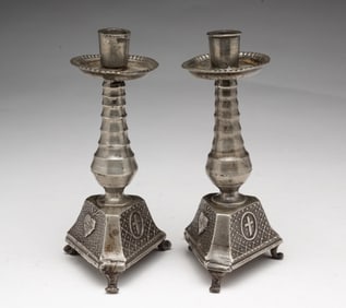 RARE PAIR OF MINIATURE PEWTER ECCLESIASTICAL CANDLESTICKS