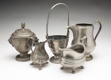 FIVE PEWTER TABLEWARE ITEMS, INCL. HOMAN (CINCINNATI, OHIO) CREAM PITCHER.