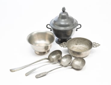 SIX PEWTER TABLEWARE ITEMS, INCL. FRENCH LIDDED TUREEN.