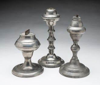 THREE AMERICAN PEWTER OIL LAMPS, INCL. ISRAEL TRASK (AMERICAN, 1786-1867).