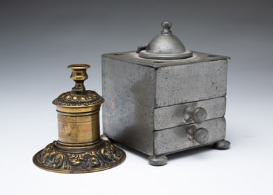PEWTER TWO-DRAWER INKWELL AND BRASS GOING-TO-BED LAMP.
