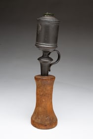 AMERICAN PEWTER AND WOOD "MAKE-DO" WHALE OIL LAMP.