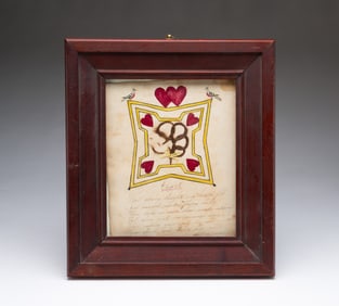 AMERICAN SCHOOL FOLK ART WATERCOLOR, INK, SILK RIBBON, AND HAIR DOUBLE-SIDED SISTERS' VALENTINE.