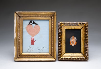 TWO AMERICAN SCHOOL FOLK ART PAPER VALENTINES, ONE WITH KNOTTED HAIR.