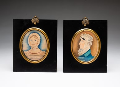 PAIR OF AMERICAN SCHOOL FOLK ART WATERCOLOR PORTRAITS OF MOTHER AND DAUGHTER.