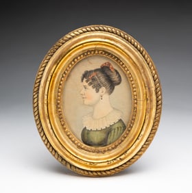 MINIATURE AMERICAN SCHOOL WATERCOLOR PORTRAIT OF A YOUNG LADY.