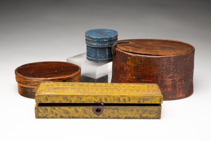 FOUR AMERICAN DECORATED BOXES.