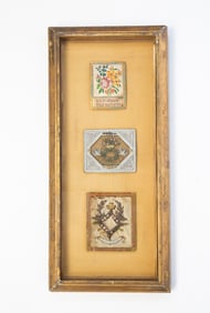 THREE MINIATURE GERMAN OR PENNSYLVANIA DUTCH FRAMED PICTURES.