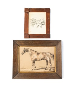 TWO AMERICAN SCHOOL ARTWORKS, INCL. PASTEL OF HORSE.