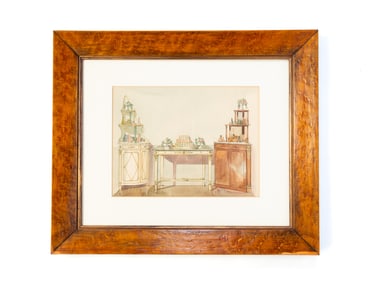 AMERICAN SCHOOL WATERCOLOR OF INTERIOR SCENE STILL LIFE.