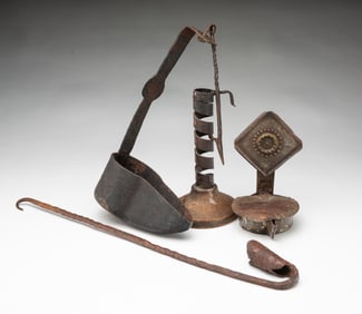 FOUR AMERICAN WROUGHT IRON AND TIN LIGHTING DEVICES.