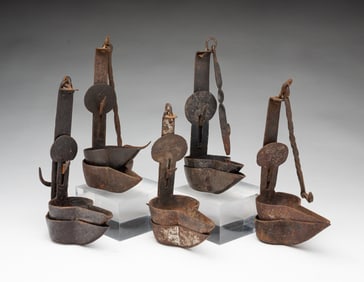 FIVE AMERICAN WROUGHT IRON DOUBLE-CRUSIE GREASE LAMPS.