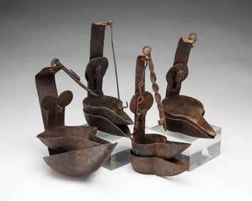 FOUR AMERICAN WROUGHT IRON DOUBLE-CRUSIE GREASE LAMPS.