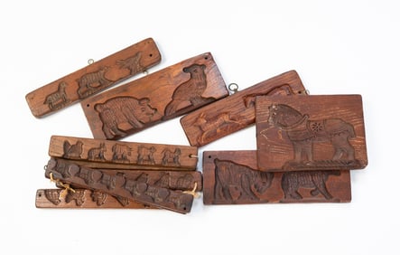 THREE AMERICAN CARVED WOOD CANDY MOLDS AND FIVE COOKIE BOARDS.