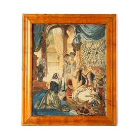 FINE ENGLISH NEEDLEWORK WITH PAINTED FIGURES.