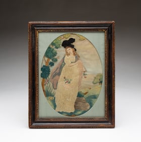 ENGLISH SCHOOL PAINTED SILKWORK OF A WOMAN.