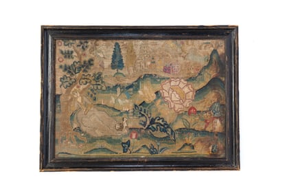 AMERICAN SCHOOL NEEDLEWORK OF FIGURAL LANDSCAPE.