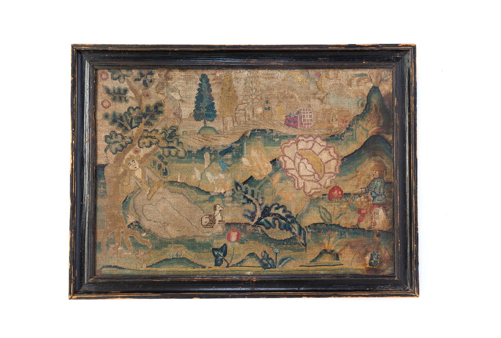 AMERICAN SCHOOL NEEDLEWORK OF FIGURAL LANDSCAPE. (1 of 3)