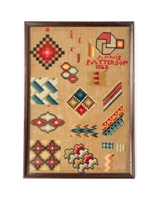 ANNIE PATTERSON (AMERICAN OR ENGLISH) NEEDLEWORK SPOT SAMPLER, DATED 1862.