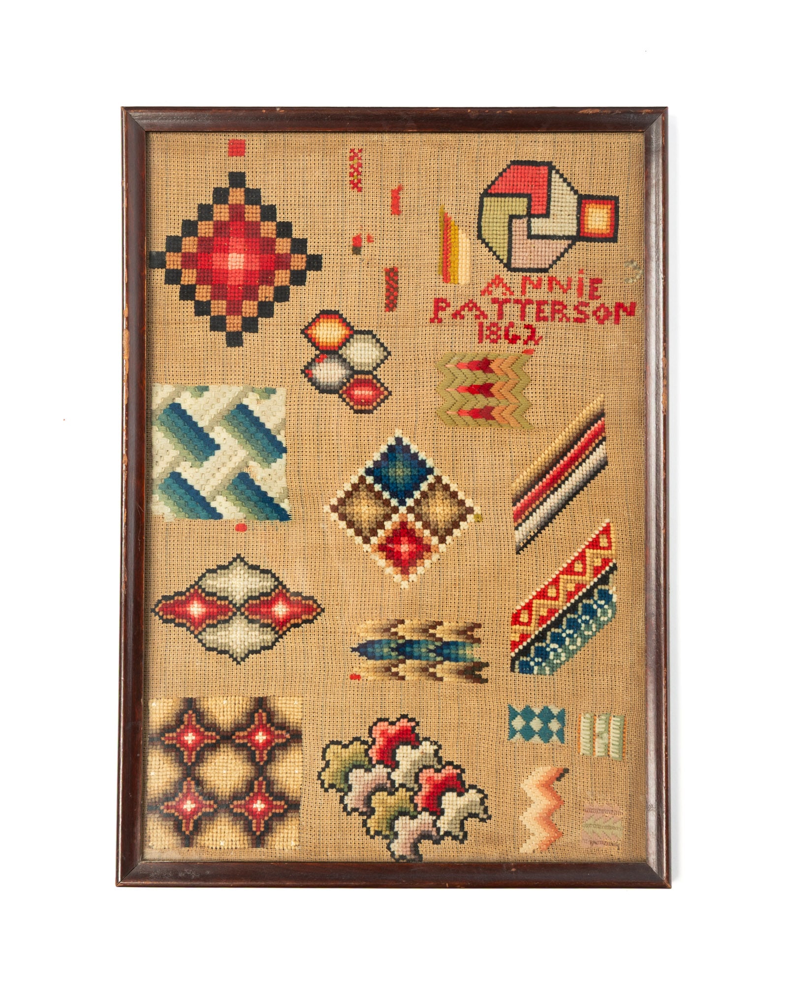 ANNIE PATTERSON (AMERICAN OR ENGLISH) NEEDLEWORK SPOT SAMPLER, DATED 1862. (1 of 4)