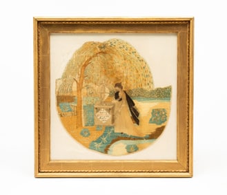 AMERICAN SCHOOL WATERCOLOR AND SILK NEEDLEWORK MOURNING MEMORIAL.