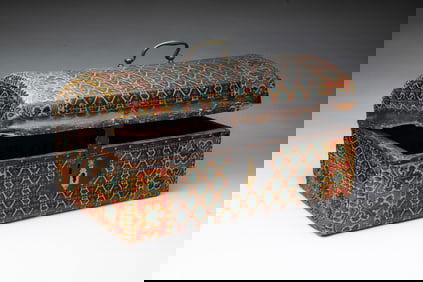 AMERICAN PAINT-DECORATED AND OIL CLOTH-COVERED PINE DOME TOP BOX.