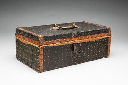 AMERICAN PAINT-DECORATED OIL CLOTH-COVERED PINE BOX.
