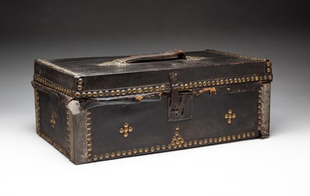 AMERICAN LEATHER-COVERED AND BRASS-TACKED BOX WITH WALLPAPER-LINED INTERIOR.