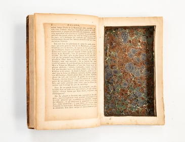 FRENCH LEATHER-BOUND BOOK-SHAPED STASH BOX.