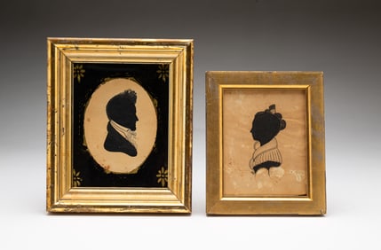 TWO AMERICAN HOLLOW-CUT, GOUACHE, AND INK SILHOUETTE PORTRAITS OF A MAN AND WOMAN.